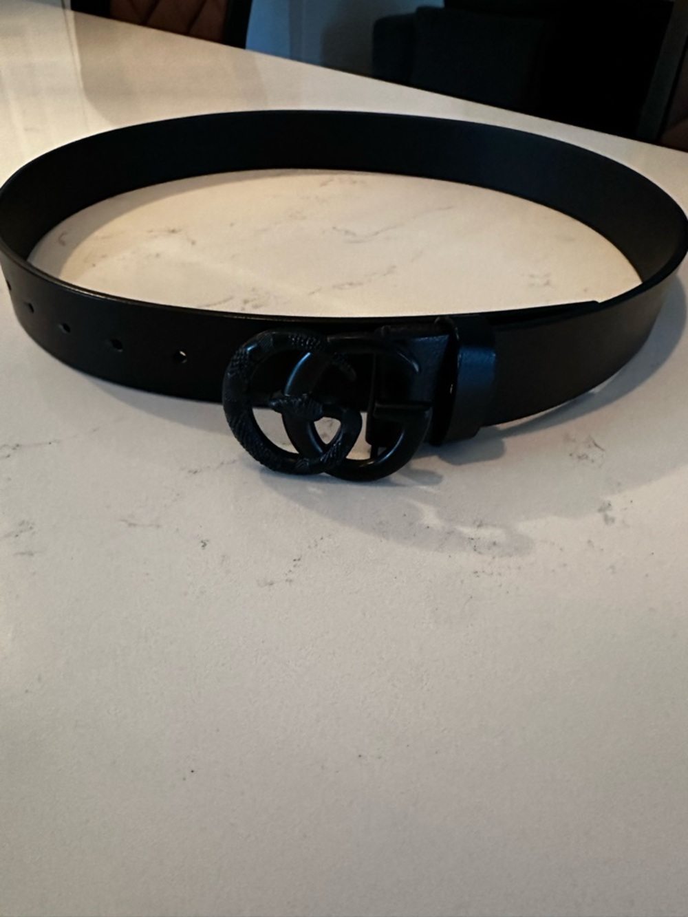 Designer Black Leather Belt with Matte Double G Snake Buckle - Picture 3 of 4